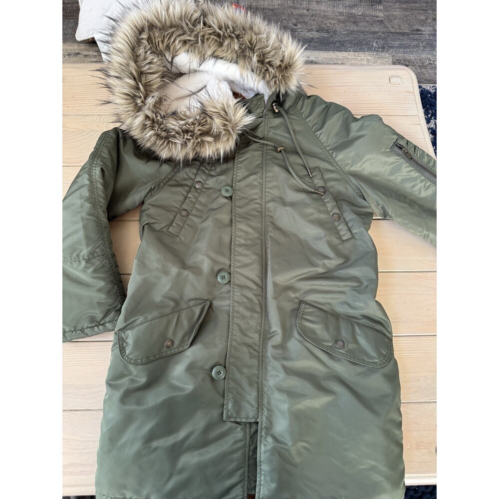 Women’s Small American Eagle Olive Green Winter Coat Parka Long Jacket Fur Hood - Picture 7 of 7